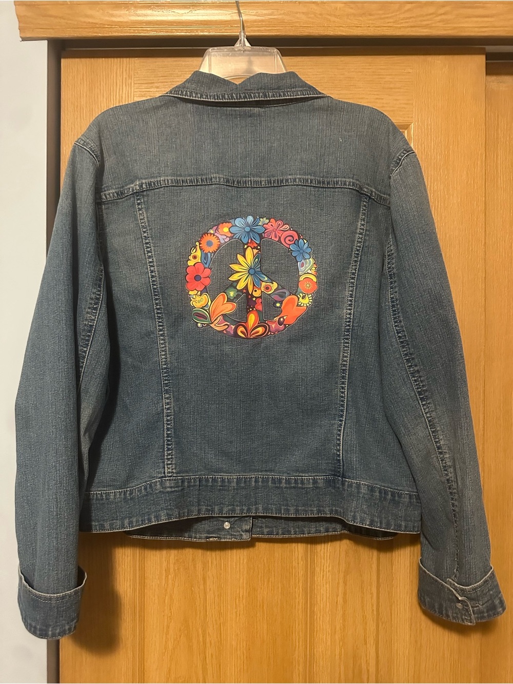 Faded Glory Blue Denim Jacket with Colorful Floral Peace Patch